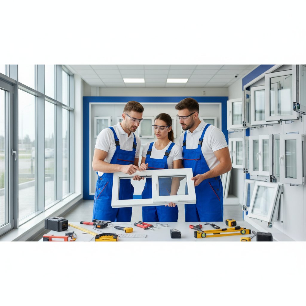 Professional window installation team at work